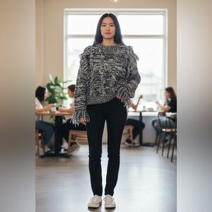 Dream State Womens Sweater Black Marl Knit Fringe Crew Neck .
Size S/M